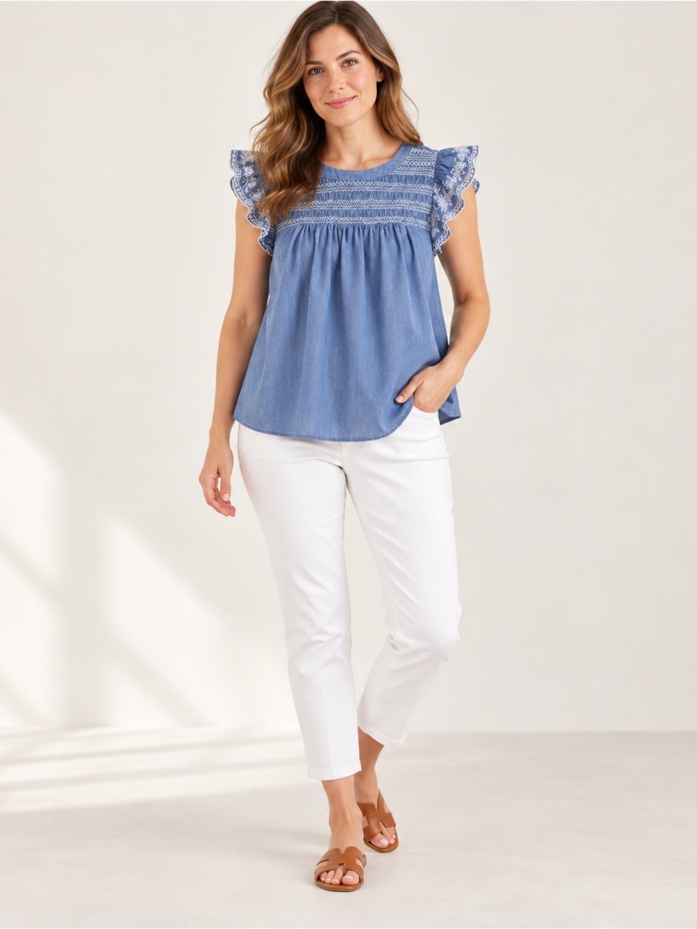 LOFT Ladies Chambray Blue Embroidered Ruffle Sleeve Top